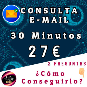 A través de este servicio de Tarot por email de 30 minutos, podrás realizar tu consulta recibiéndola directamente en tu correo electrónico.