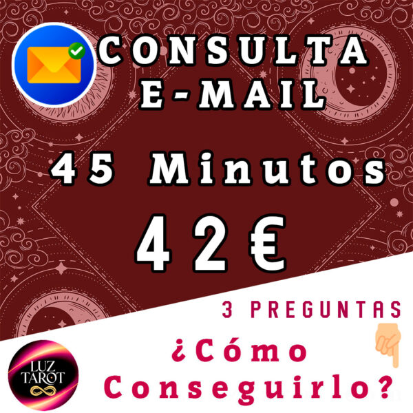 A través de este servicio de Tarot por email de 45 minutos, podrás realizar tu consulta recibiéndola directamente en tu correo electrónico.